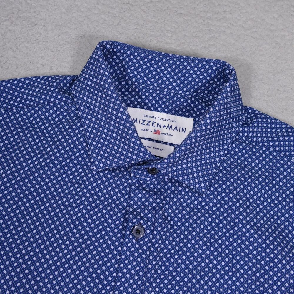 Mizzen+Main Leeward Trim Fit Shirt Mens Large Blue Geometric Button UP